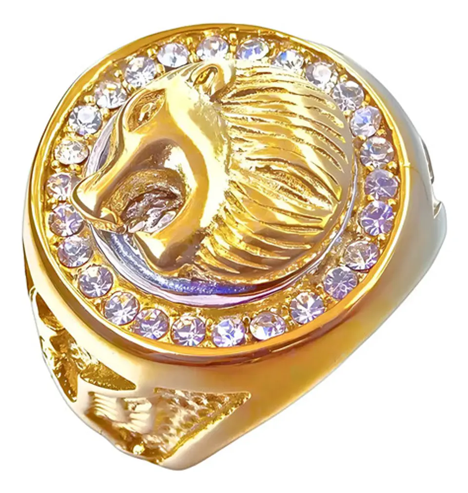 Anillo Hip Hop dorado en Acero Para Hombres con incrustaciones de piedras Cz León 1