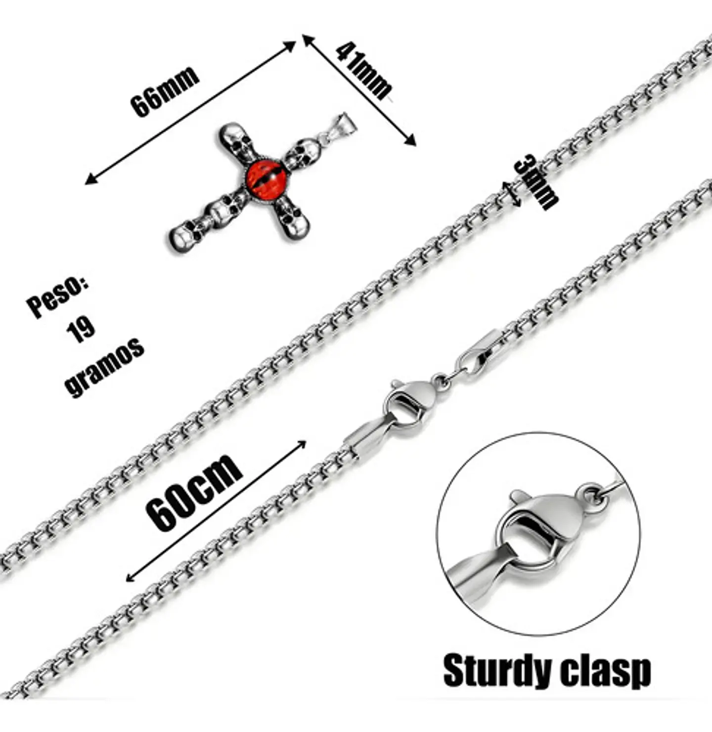 Collar Acero Inoxidable Color Plata Cruz Craneo Ojo Hombre 2
