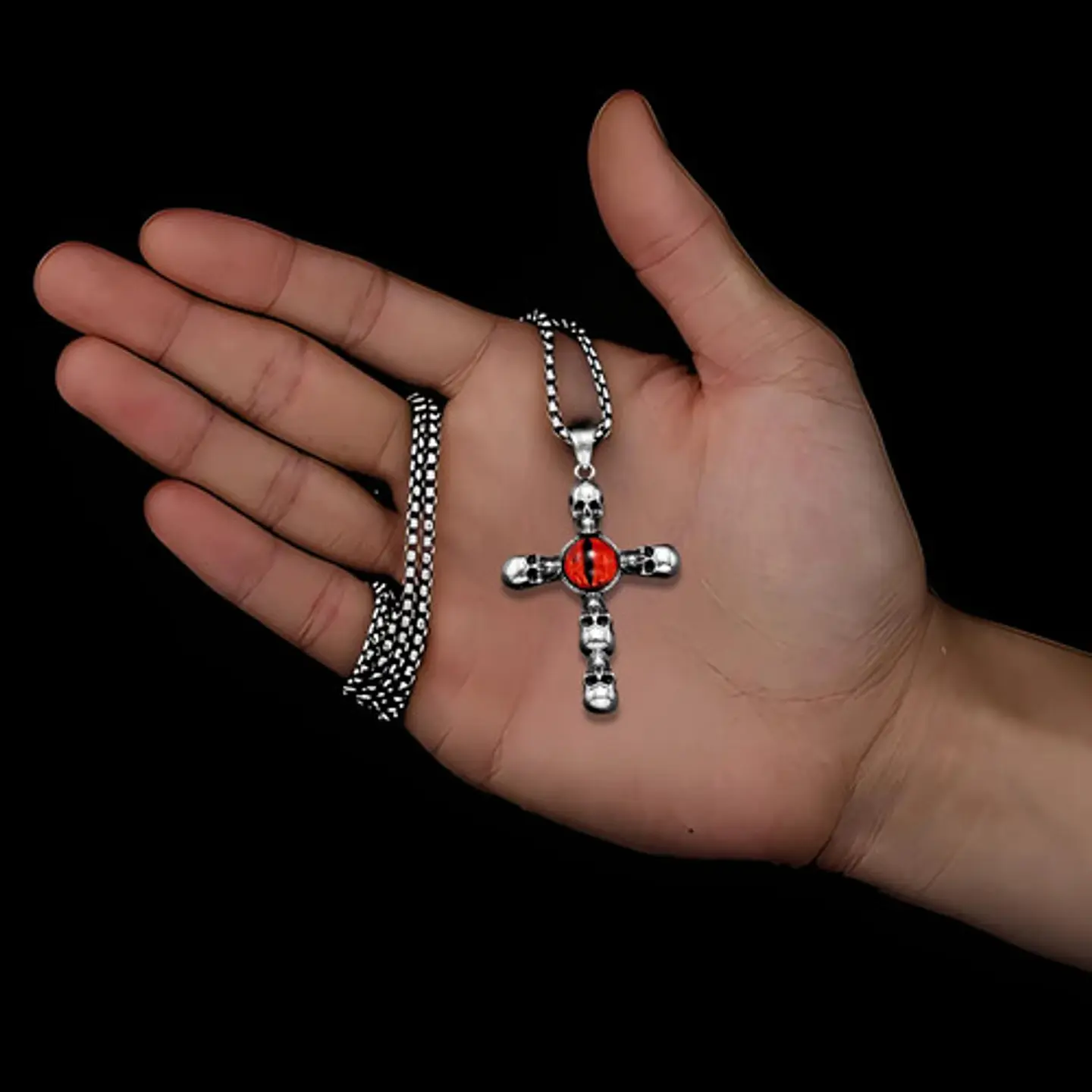 Collar Acero Inoxidable Color Plata Cruz Craneo Ojo Hombre 5