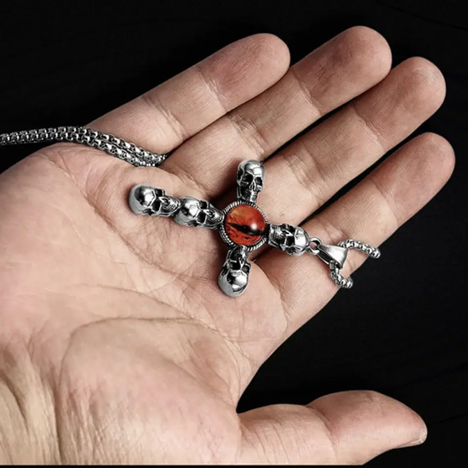 Collar Acero Inoxidable Color Plata Cruz Craneo Ojo Hombre 6