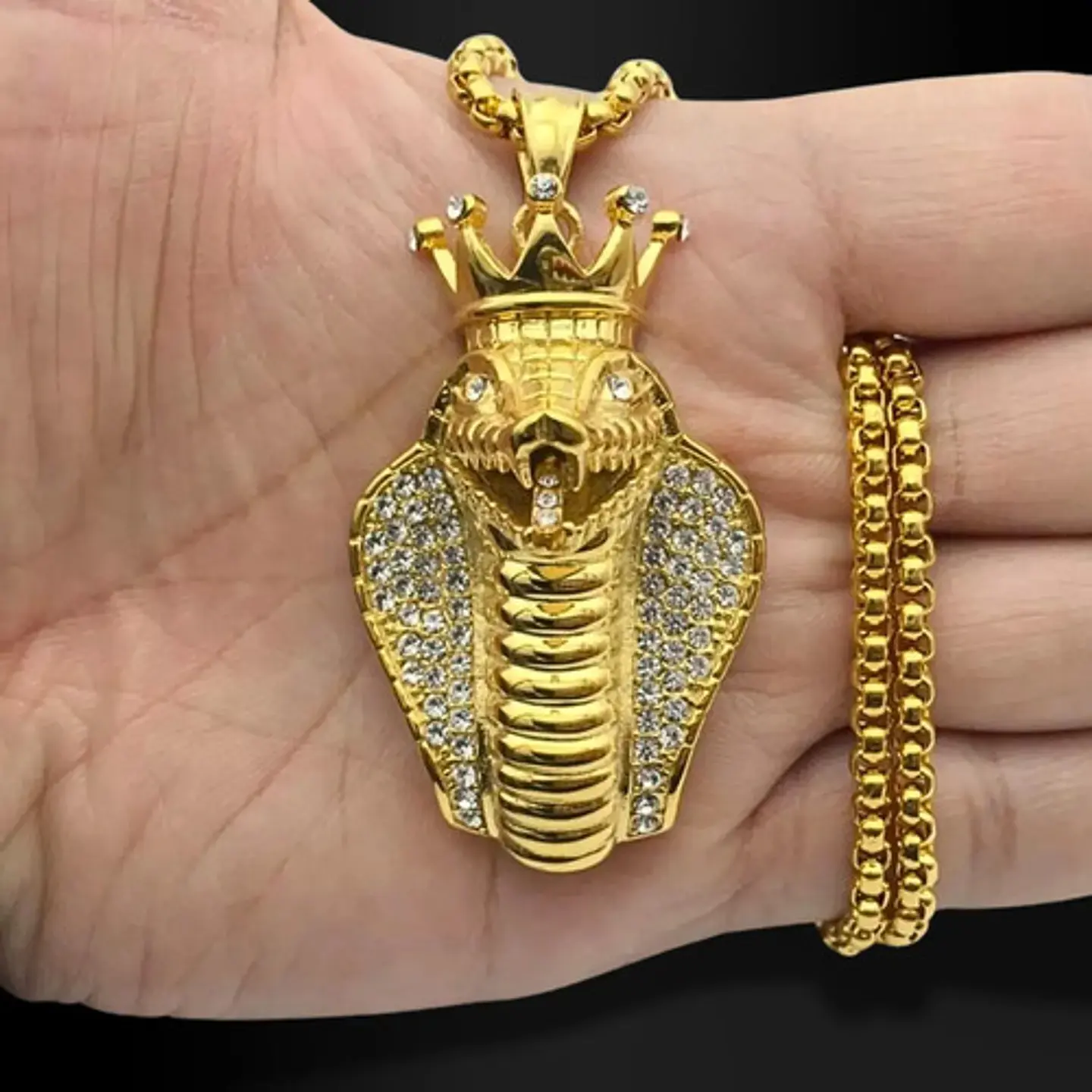 Collar Acero Inoxidable Color Oro Cobra Piedras Cz Hombre 5