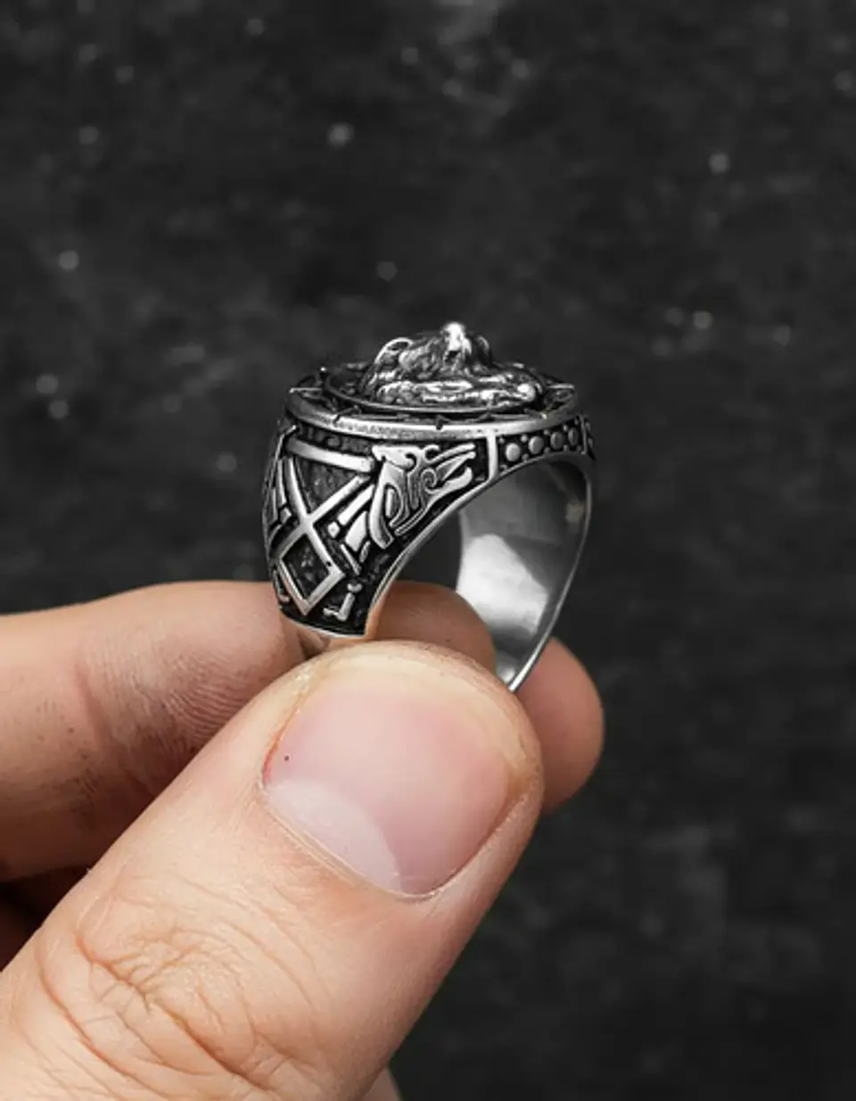 Anillo Vikingo Color Negro Guerrero Nórdico Soldado Hombre 10