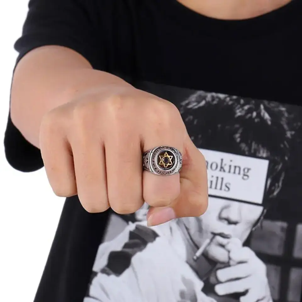 Anillo Color Plata Estrella David Acero Inoxidable Hombre 2