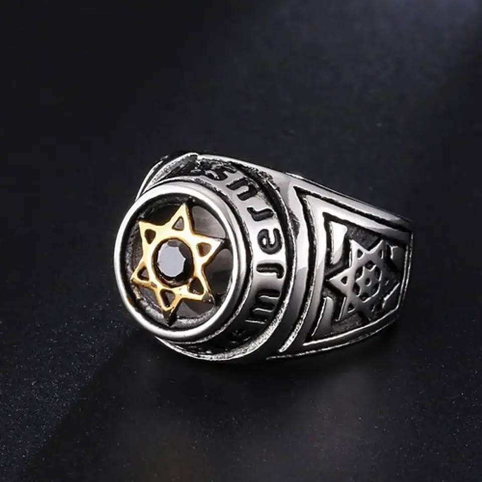 Anillo Color Plata Estrella David Acero Inoxidable Hombre 8