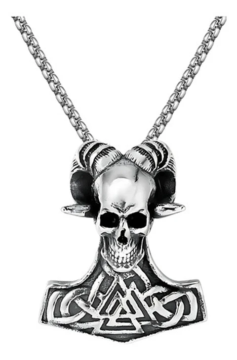 Collar Para Hombres Dije Cráneo Vikingo Martillo Color Plata Plateado