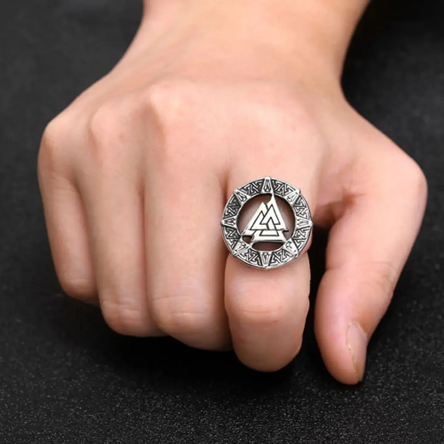 Anillo Acero Inoxidable Color Plata Triangulo Vikingo Hombre 7