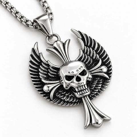 Collar Acero Inoxidable Color Plata Craneo Biker Para Hombre