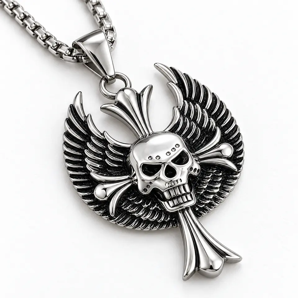 Collar Acero Inoxidable Color Plata Craneo Biker Para Hombre 1