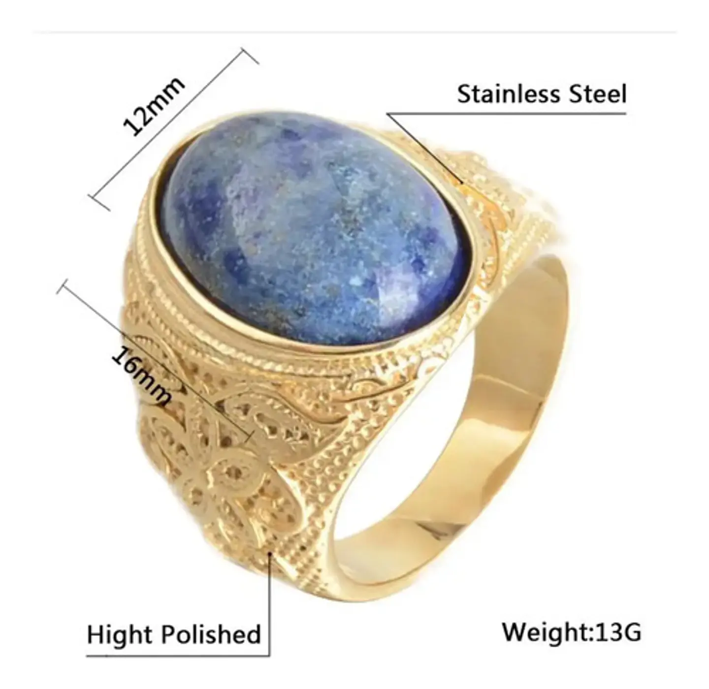 Anillo Gema Piedra Natural Lazuli Acero Inoxidable Hombre 4