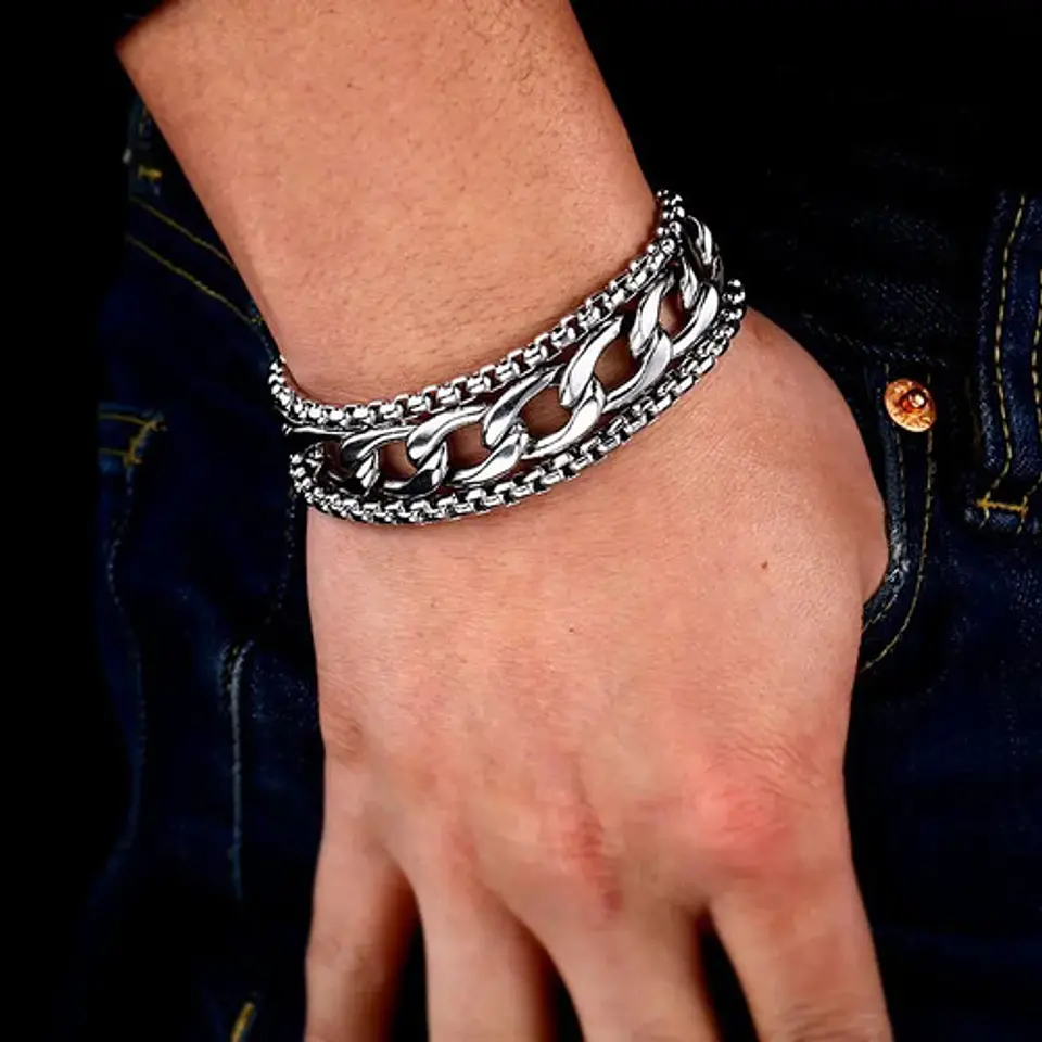 Pulsera Brazalete Acero Inoxidable Cadena Color Plata Hombre 3