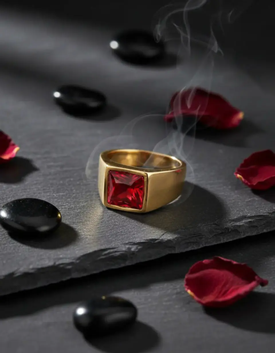 Anillo Clásico De Acero Color Oro Con Piedra Hombre Y Mujer 8