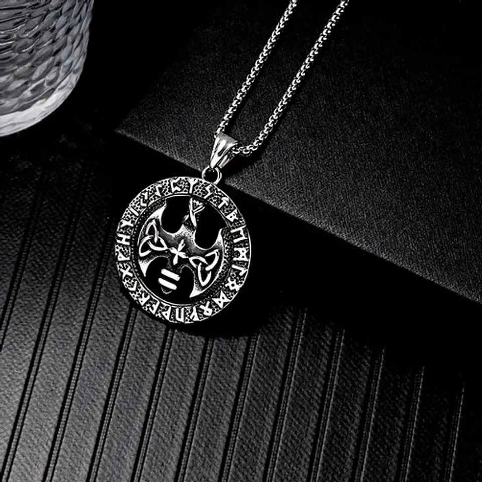Collar Para Hombre Y Mujer Dije Circular Hacha Runas Vikingo 5