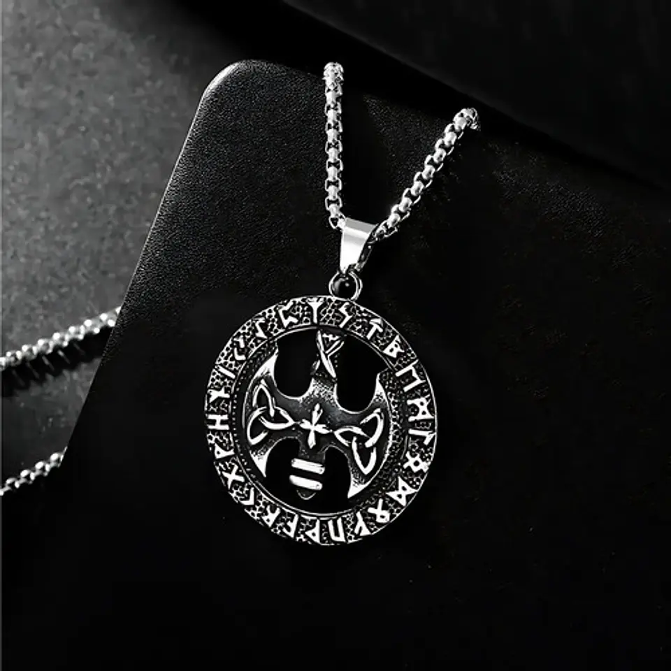 Collar Para Hombre Y Mujer Dije Circular Hacha Runas Vikingo 6