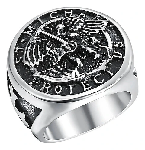 Anillo Acero Inoxidable Color Plata St Michael Angel Hombre