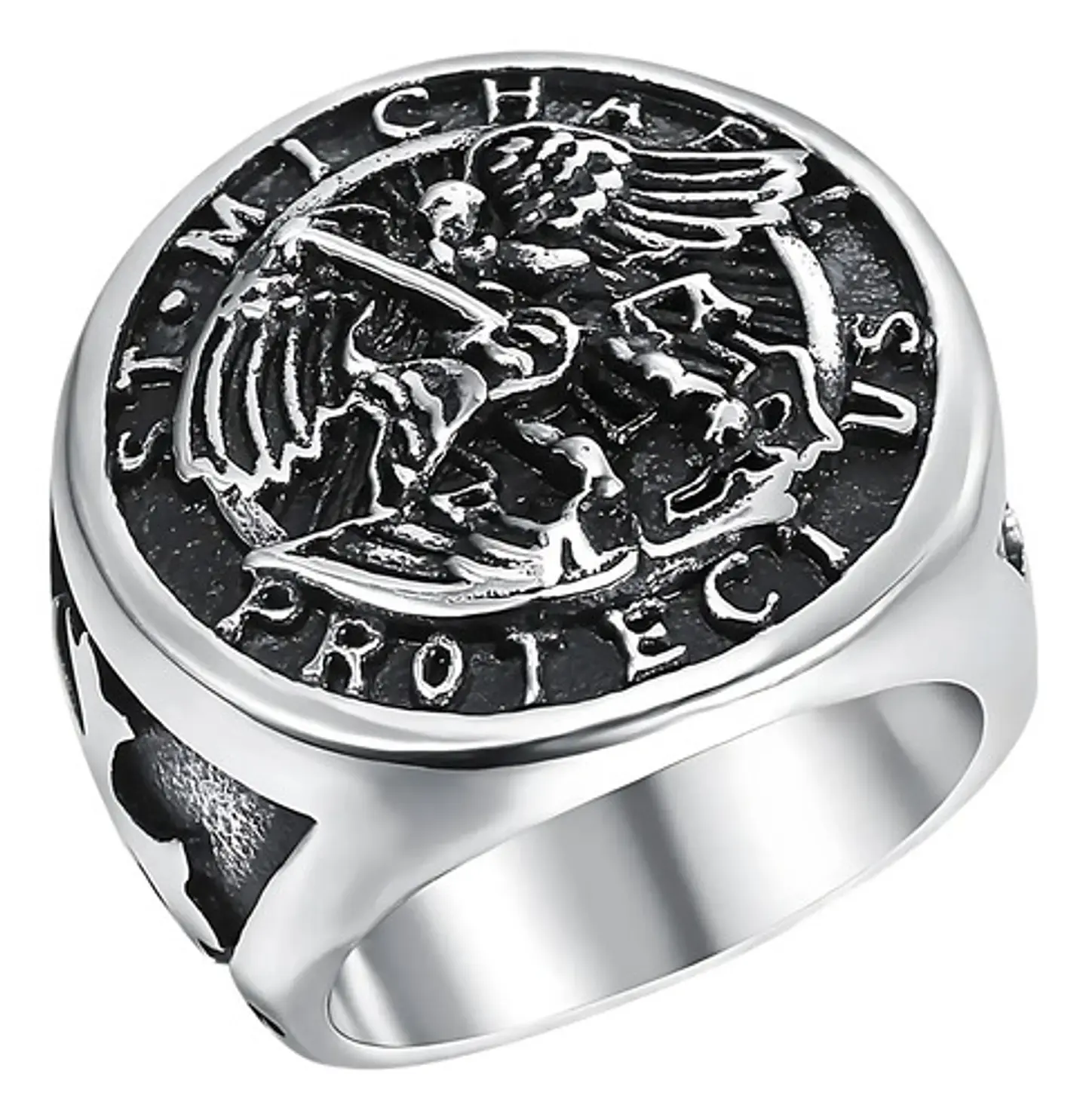 Anillo Acero Inoxidable Color Plata St Michael Angel Hombre 1