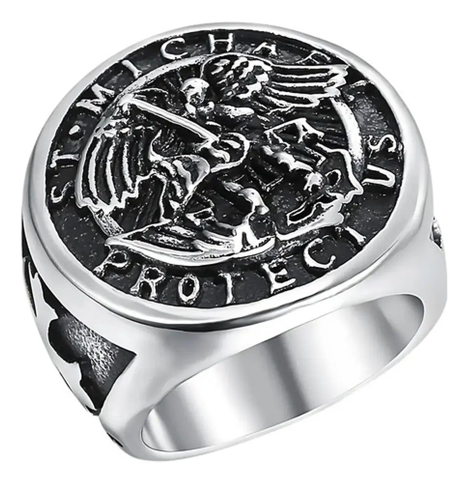 Anillo Acero Inoxidable Color Plata St Michael Angel Hombre 1