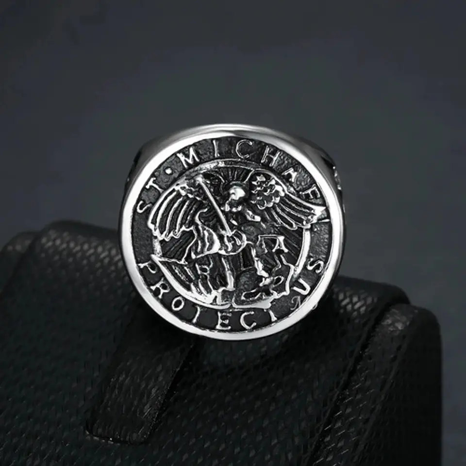 Anillo Acero Inoxidable Color Plata St Michael Angel Hombre 4