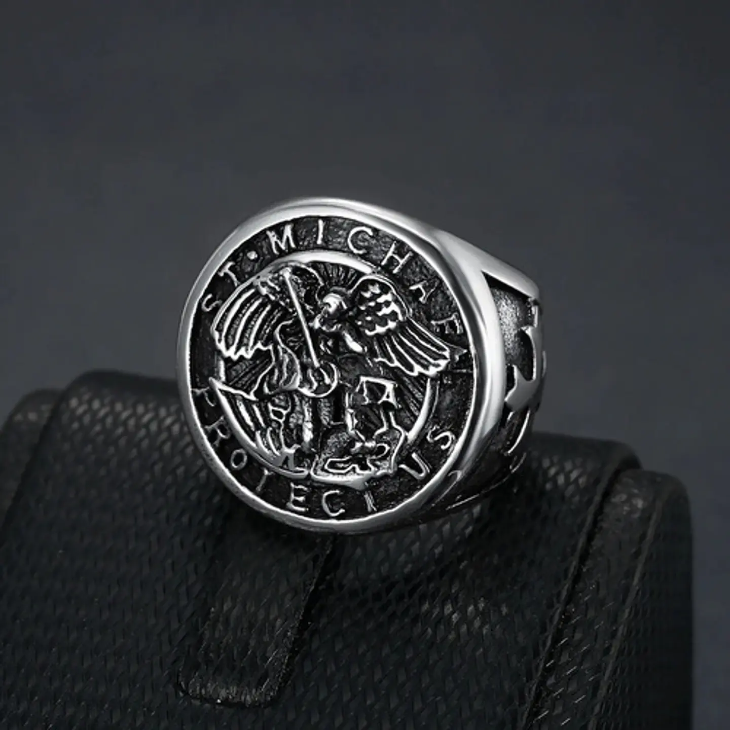 Anillo Acero Inoxidable Color Plata St Michael Angel Hombre 5