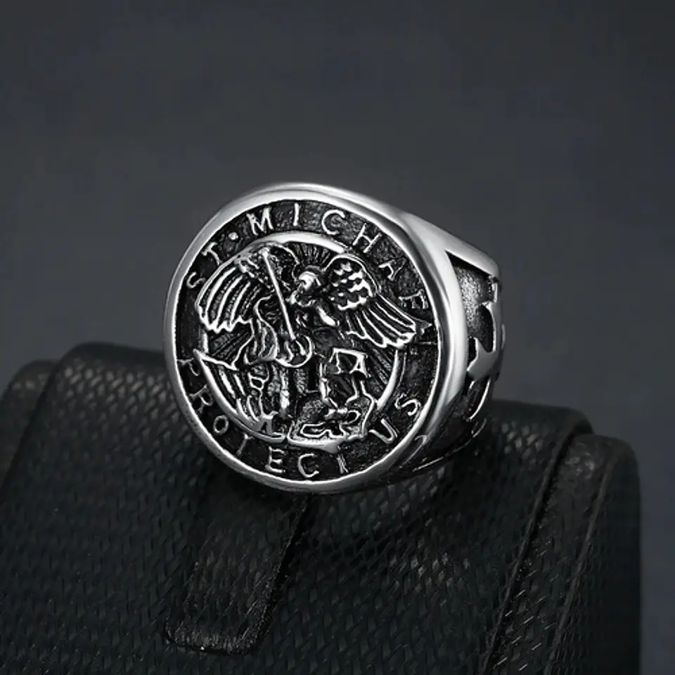 Anillo Acero Inoxidable Color Plata St Michael Angel Hombre 5