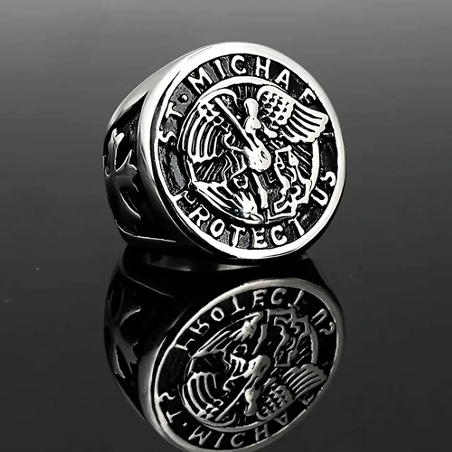 Anillo Acero Inoxidable Color Plata St Michael Angel Hombre 7