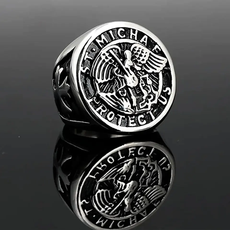 Anillo Acero Inoxidable Color Plata St Michael Angel Hombre 7