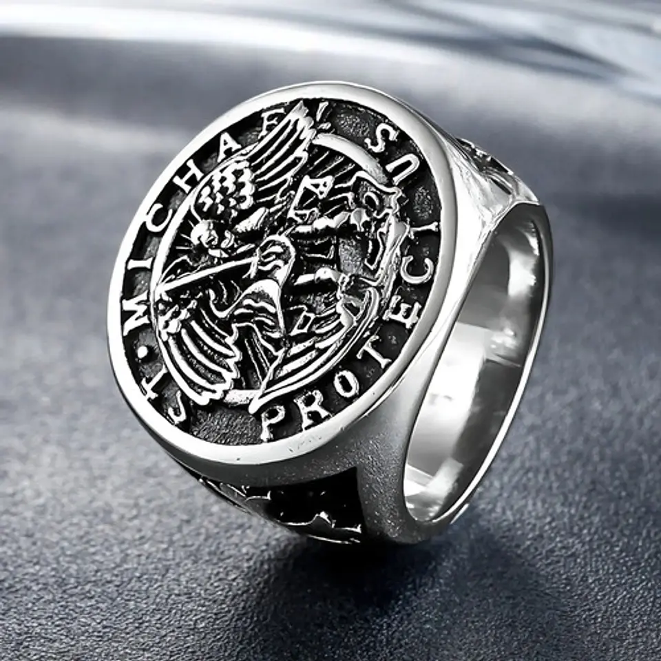Anillo Acero Inoxidable Color Plata St Michael Angel Hombre 8