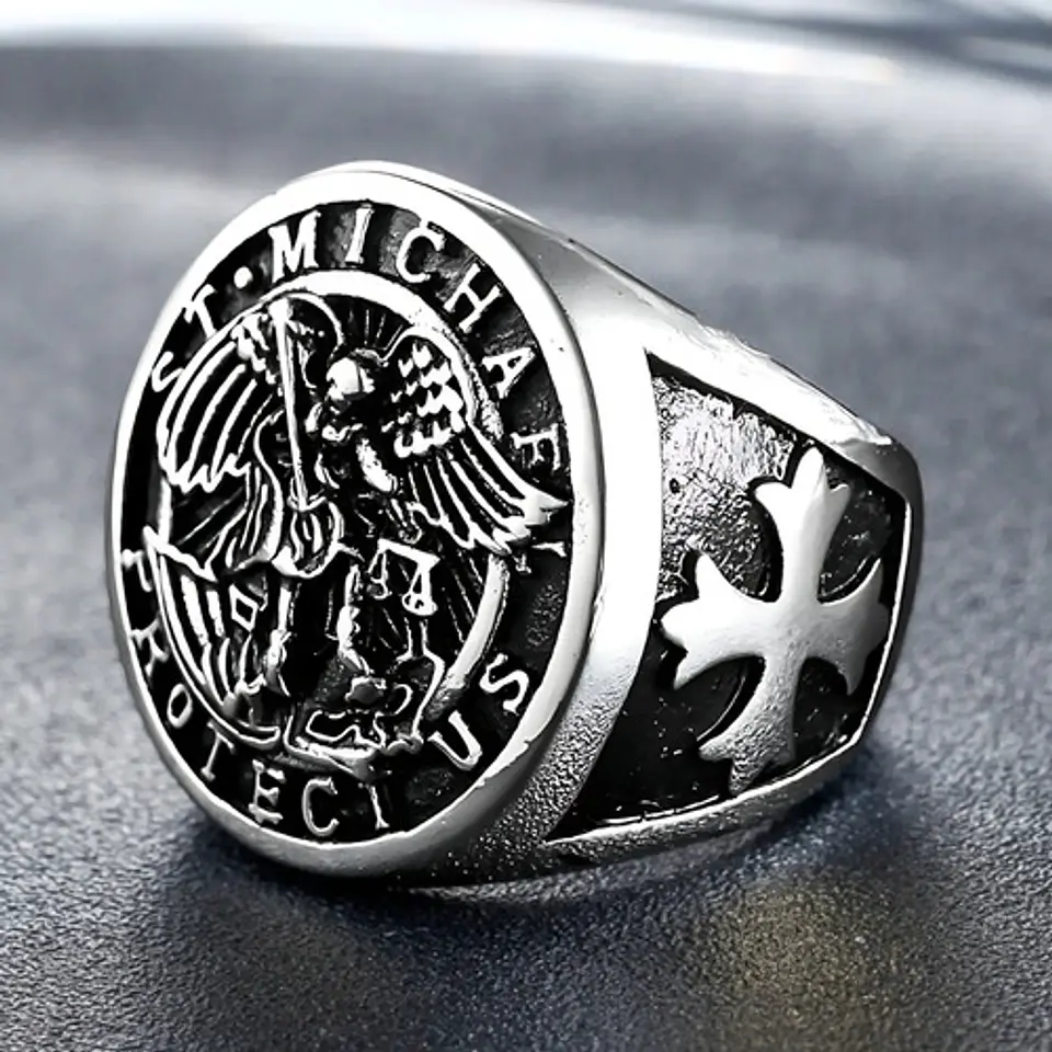 Anillo Acero Inoxidable Color Plata St Michael Angel Hombre 9
