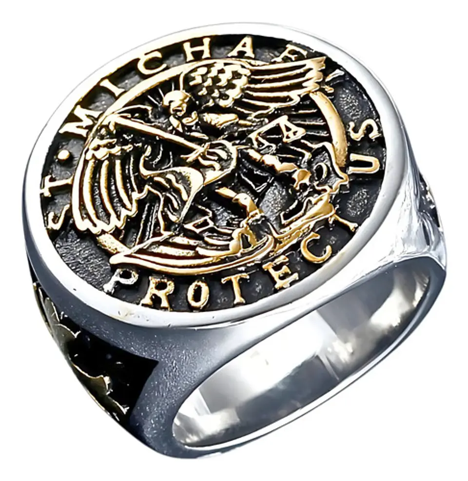 Anillo Acero Inoxidable Color Plata St Michael Angel Hombre 10