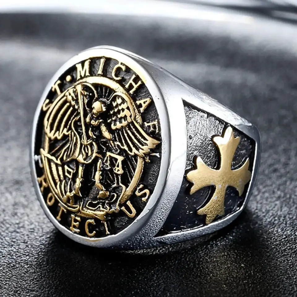 Anillo Acero Inoxidable Color Plata St Michael Angel Hombre 11