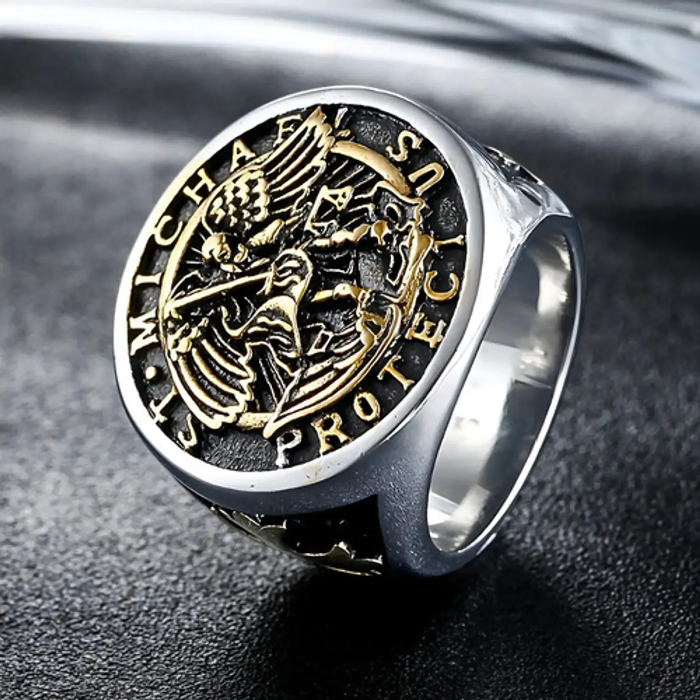 Anillo Acero Inoxidable Color Plata St Michael Angel Hombre 12