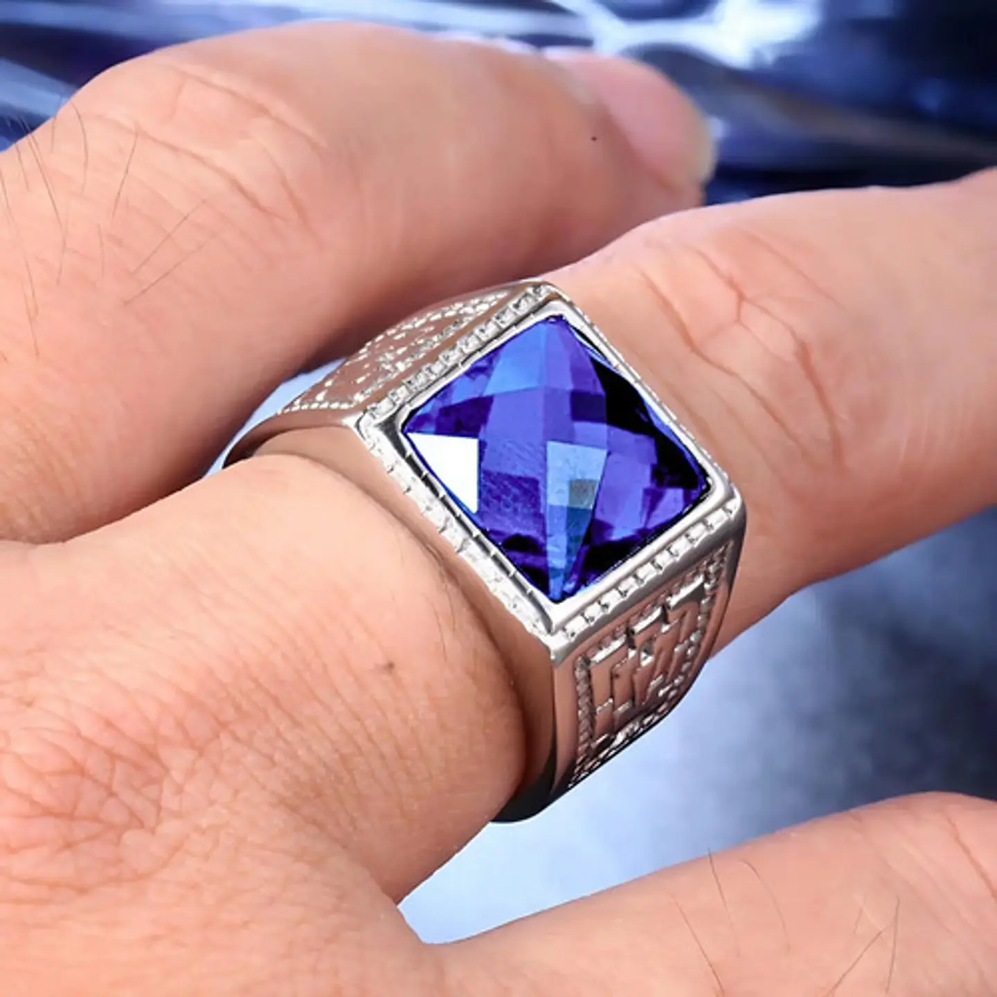 Anillo Color Plata Piedra Cz Clásico Acero Inoxidable Hombre 8