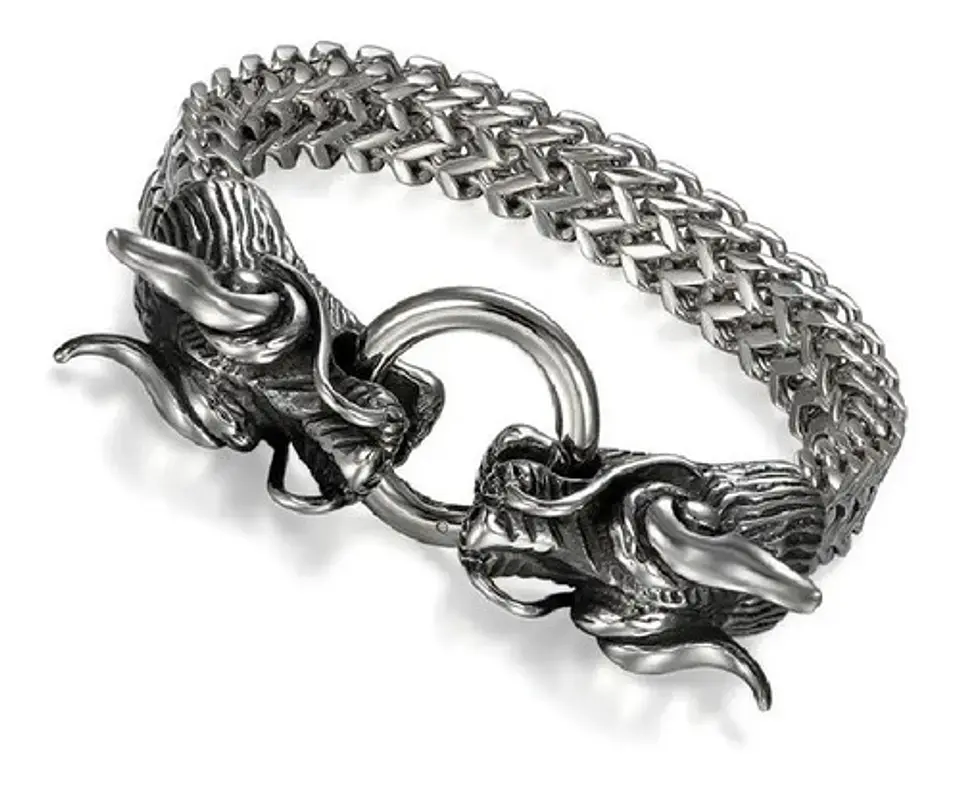 Pulsera Brazalete Acero Inoxidable Dragón Color Plata Hombre 1