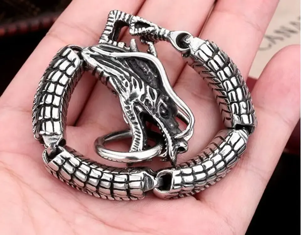 Pulsera Brazalete Acero Inoxidable Dragón Color Plata Hombre 12