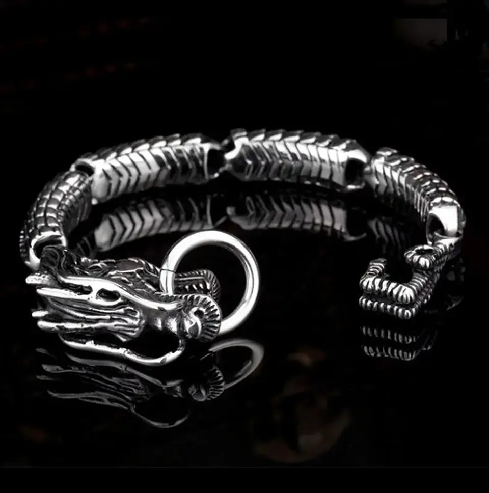 Pulsera Brazalete Acero Inoxidable Dragón Color Plata Hombre 13