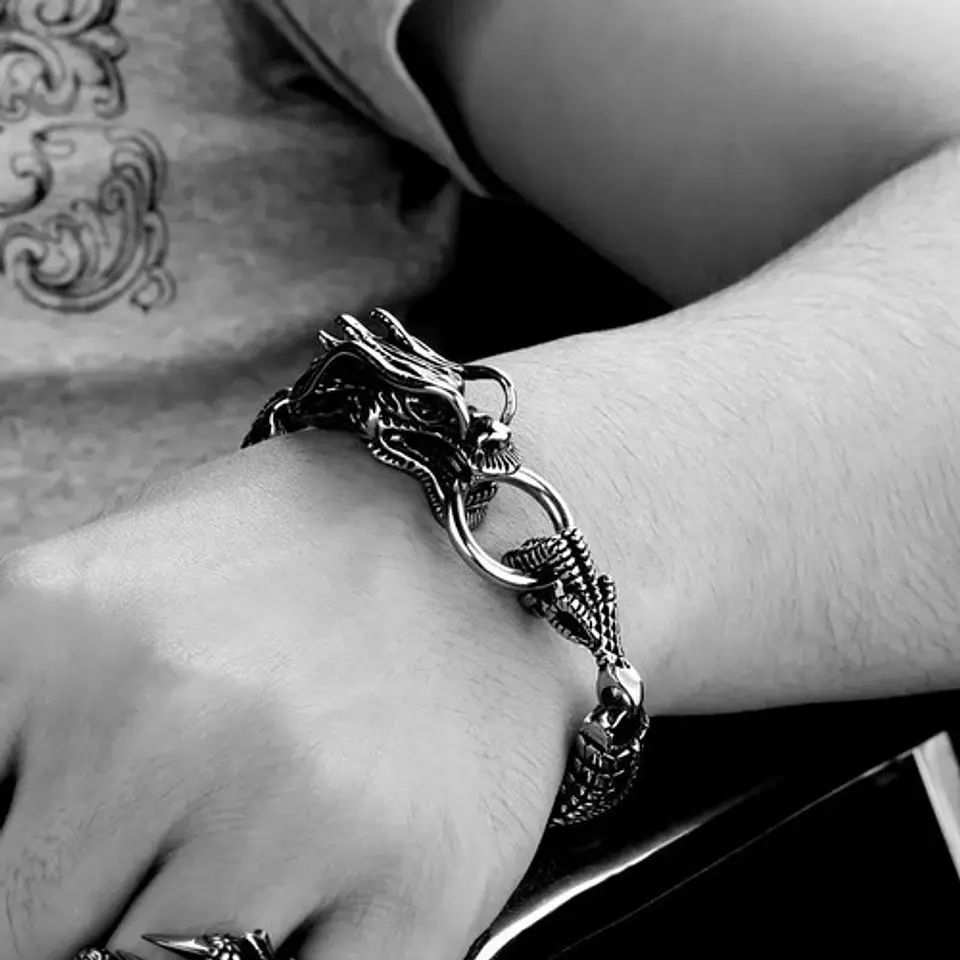 Pulsera Brazalete Acero Inoxidable Dragón Color Plata Hombre 14