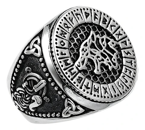 Anillo Color Plata Lobo Vikingo Runa Acero Inoxidable Hombre