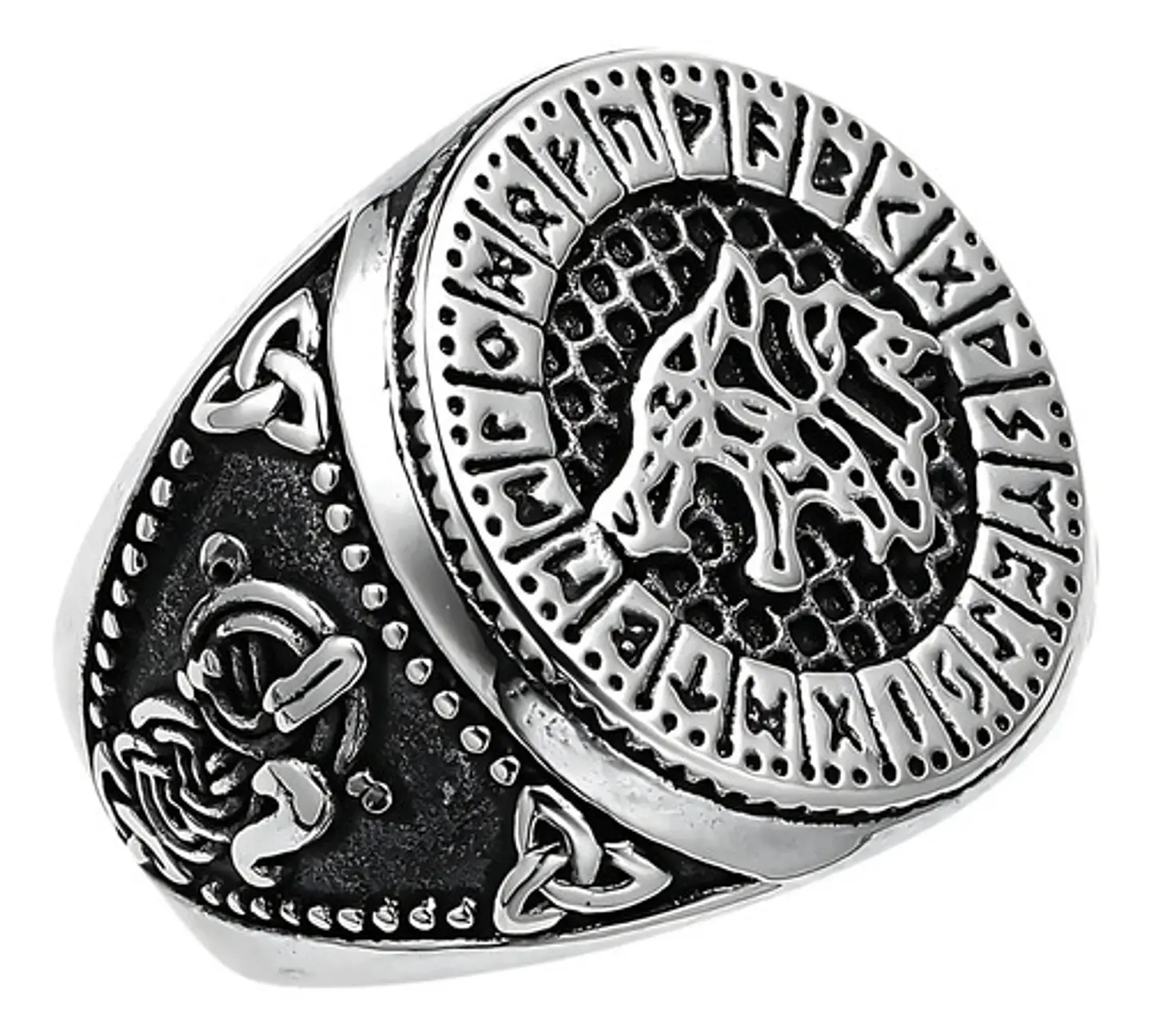 Anillo Color Plata Lobo Vikingo Runa Acero Inoxidable Hombre 1