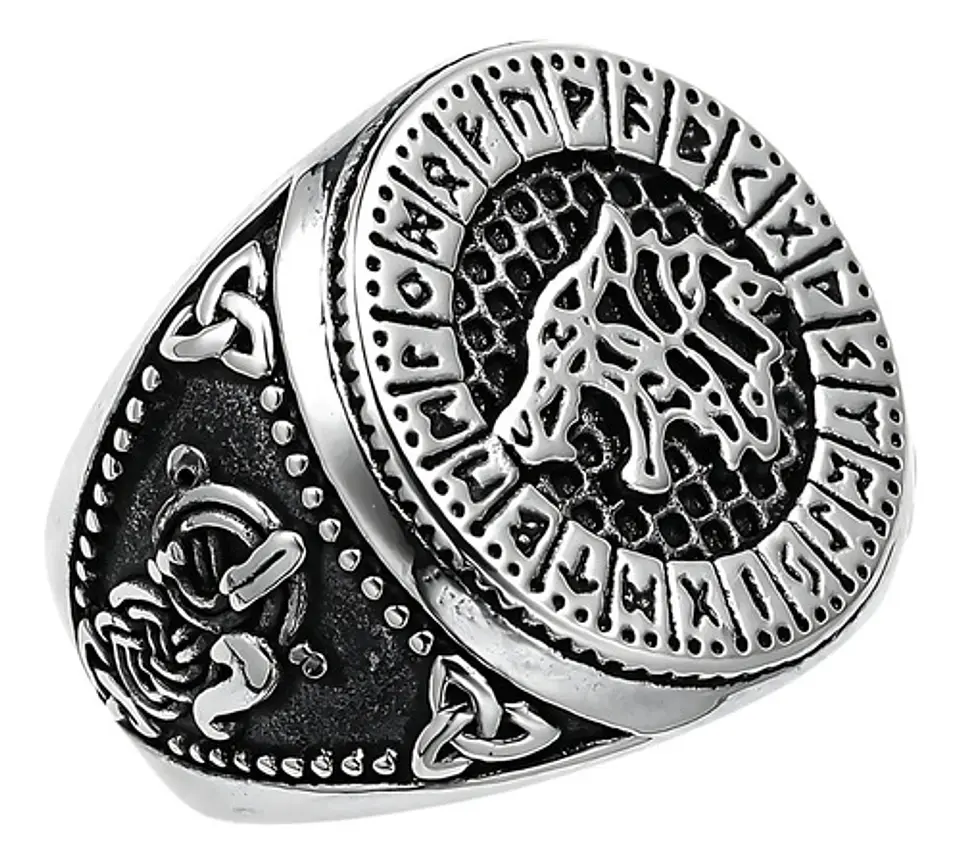Anillo Color Plata Lobo Vikingo Runa Acero Inoxidable Hombre 1