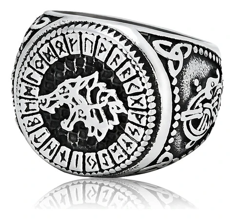 Anillo Color Plata Lobo Vikingo Runa Acero Inoxidable Hombre