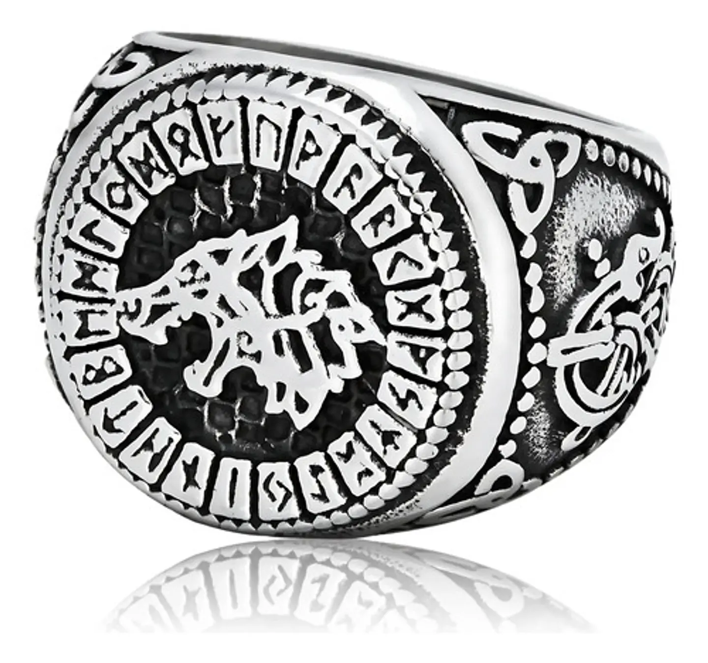 Anillo Color Plata Lobo Vikingo Runa Acero Inoxidable Hombre 2