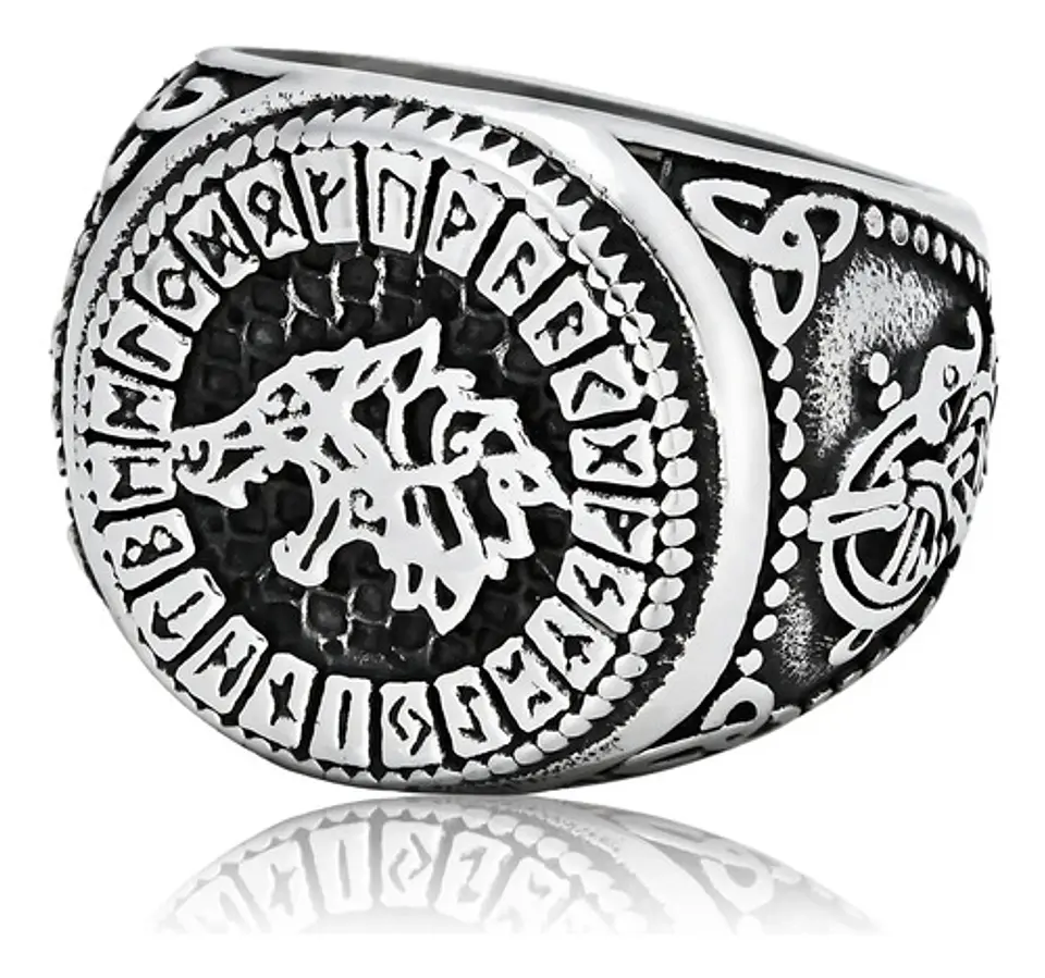 Anillo Color Plata Lobo Vikingo Runa Acero Inoxidable Hombre 2