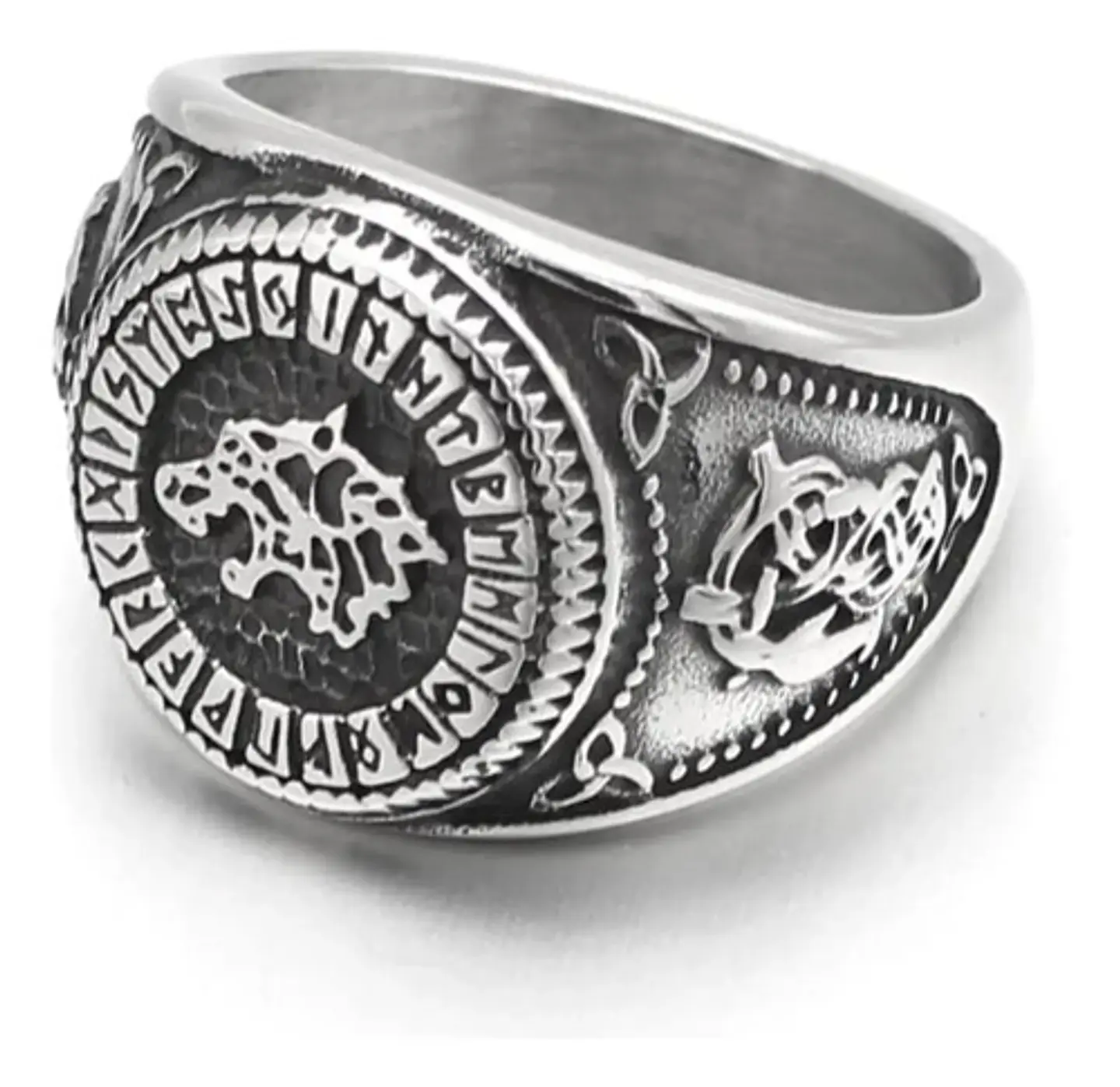 Anillo Color Plata Lobo Vikingo Runa Acero Inoxidable Hombre 3