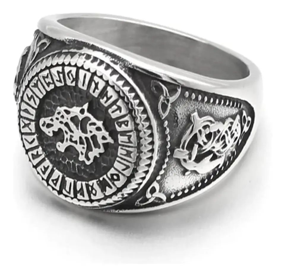 Anillo Color Plata Lobo Vikingo Runa Acero Inoxidable Hombre 3