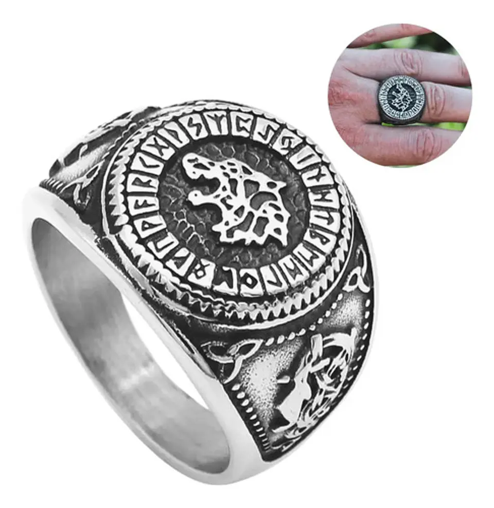 Anillo Color Plata Lobo Vikingo Runa Acero Inoxidable Hombre 4