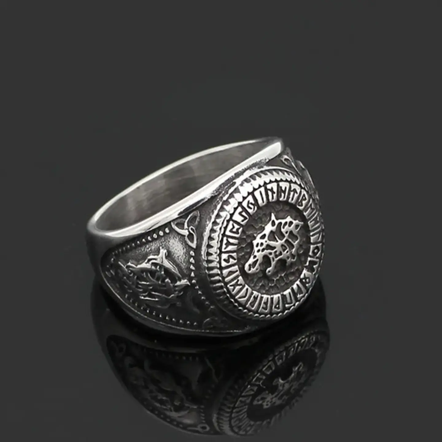 Anillo Color Plata Lobo Vikingo Runa Acero Inoxidable Hombre 6