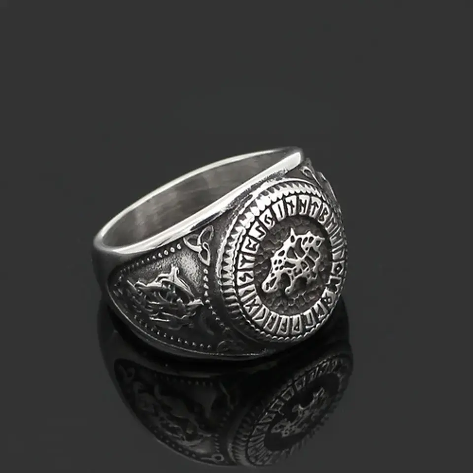 Anillo Color Plata Lobo Vikingo Runa Acero Inoxidable Hombre 6