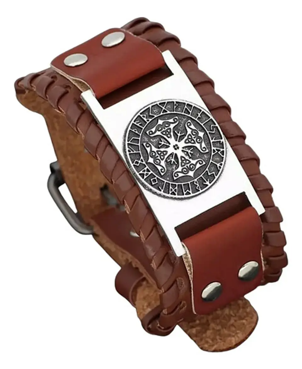 Pulsera Brazalete Cuero Vikingo Brújula Vegvisir Runa Hombre 1