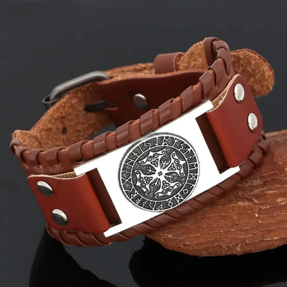 Pulsera Brazalete Cuero Vikingo Brújula Vegvisir Runa Hombre 2