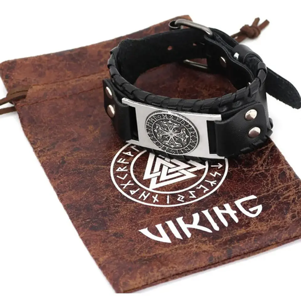 Pulsera Brazalete Cuero Vikingo Brújula Vegvisir Runa Hombre 4