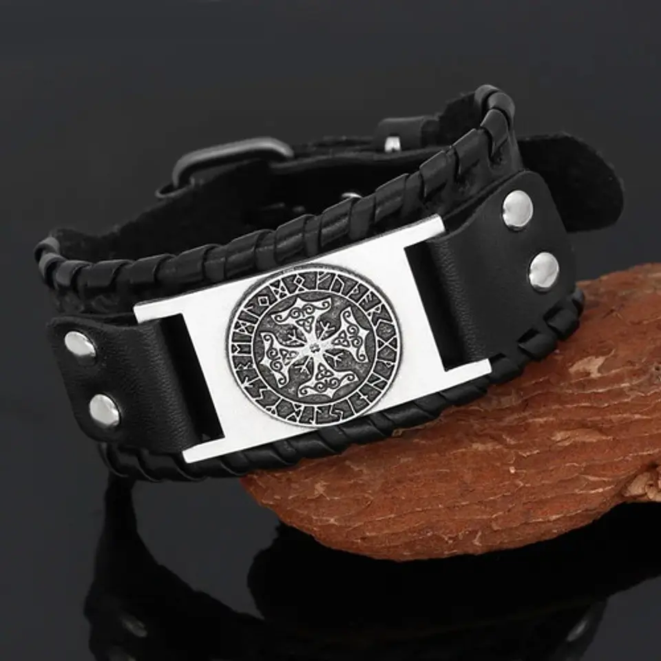 Pulsera Brazalete Cuero Vikingo Brújula Vegvisir Runa Hombre 6